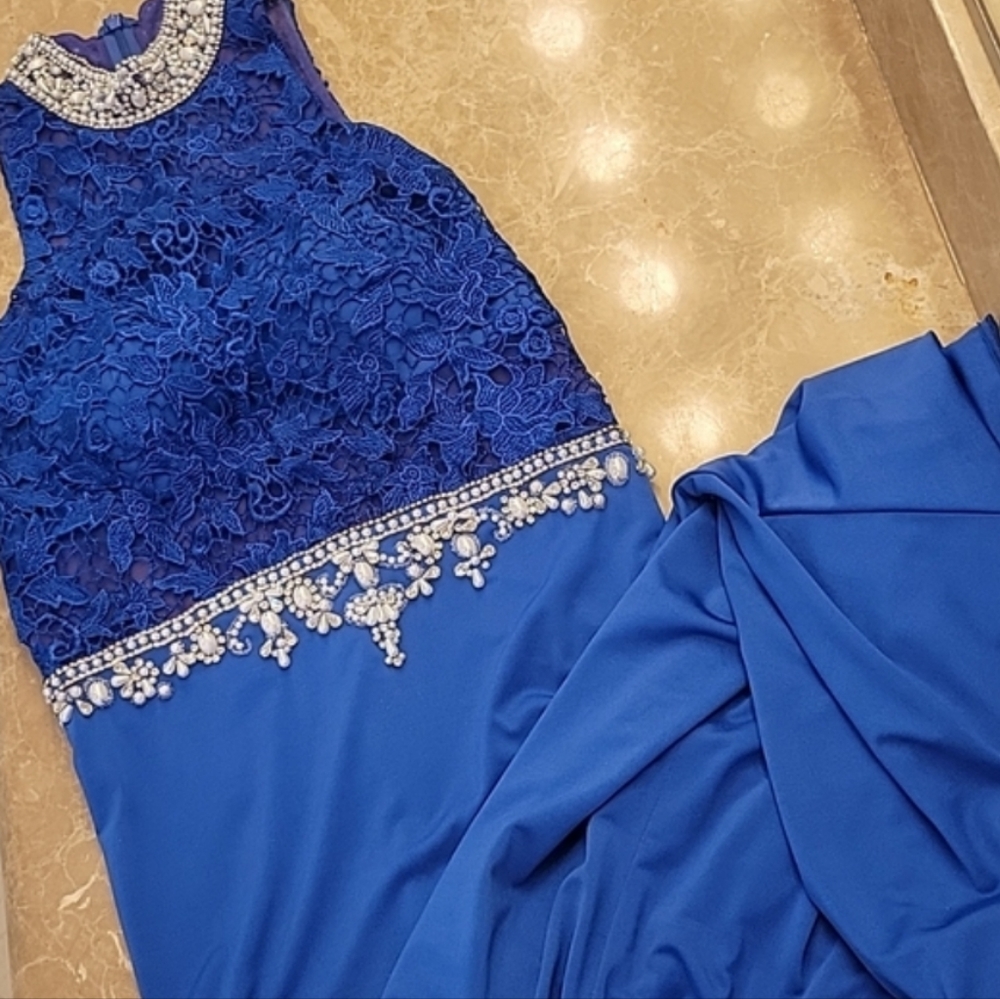 Blue Pearl & Rhinestoned Embellished Mermaid High-low Formal Dress, XS - Picture 15 of 16